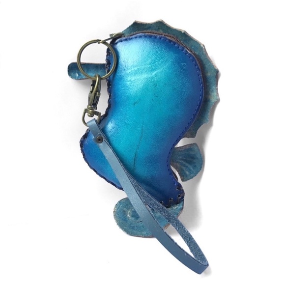 Genuine Leather Handmade Handcrafted Vibrant Seahorse Wristlet Pouch - Picture 3 of 5
